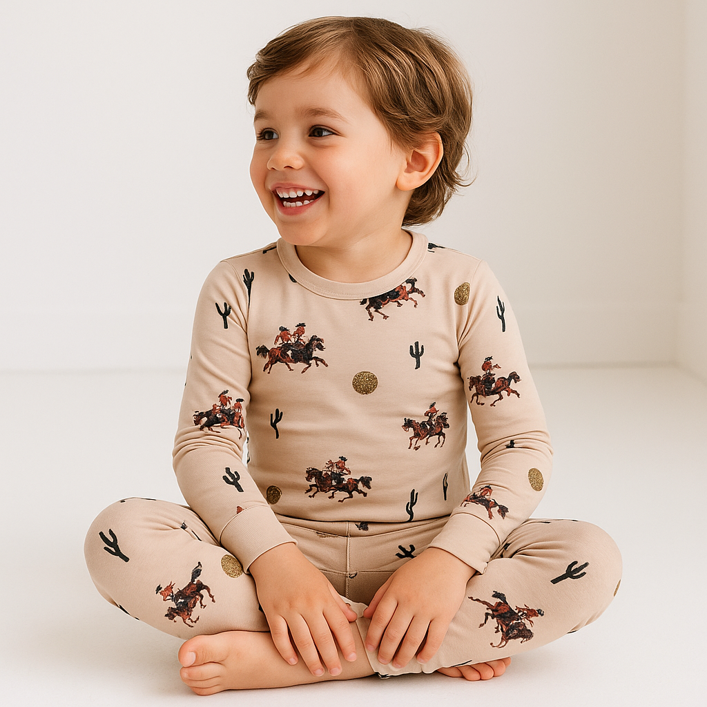 Smiling toddler wearing beige bamboo two-piece pajamas with western rodeo print, sitting cross-legged in a minimal white room.