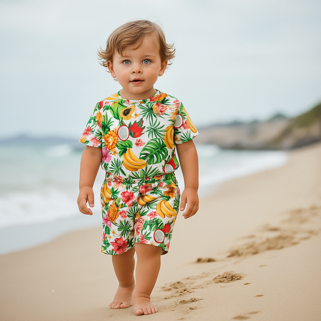 Child wearing a colorful tropical print outfit on a beach
