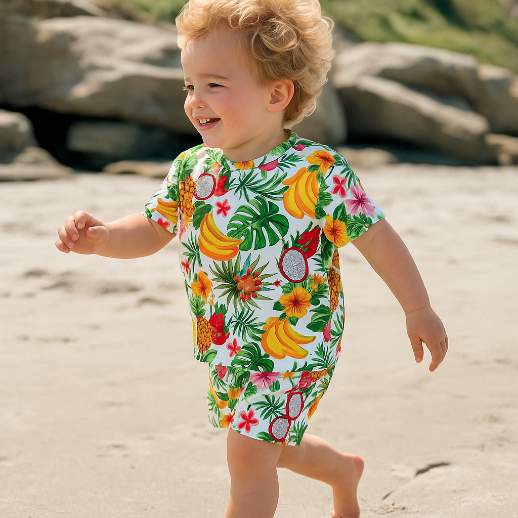 Child wearing a colorful tropical fruit patterned outfit on a sandy beach.