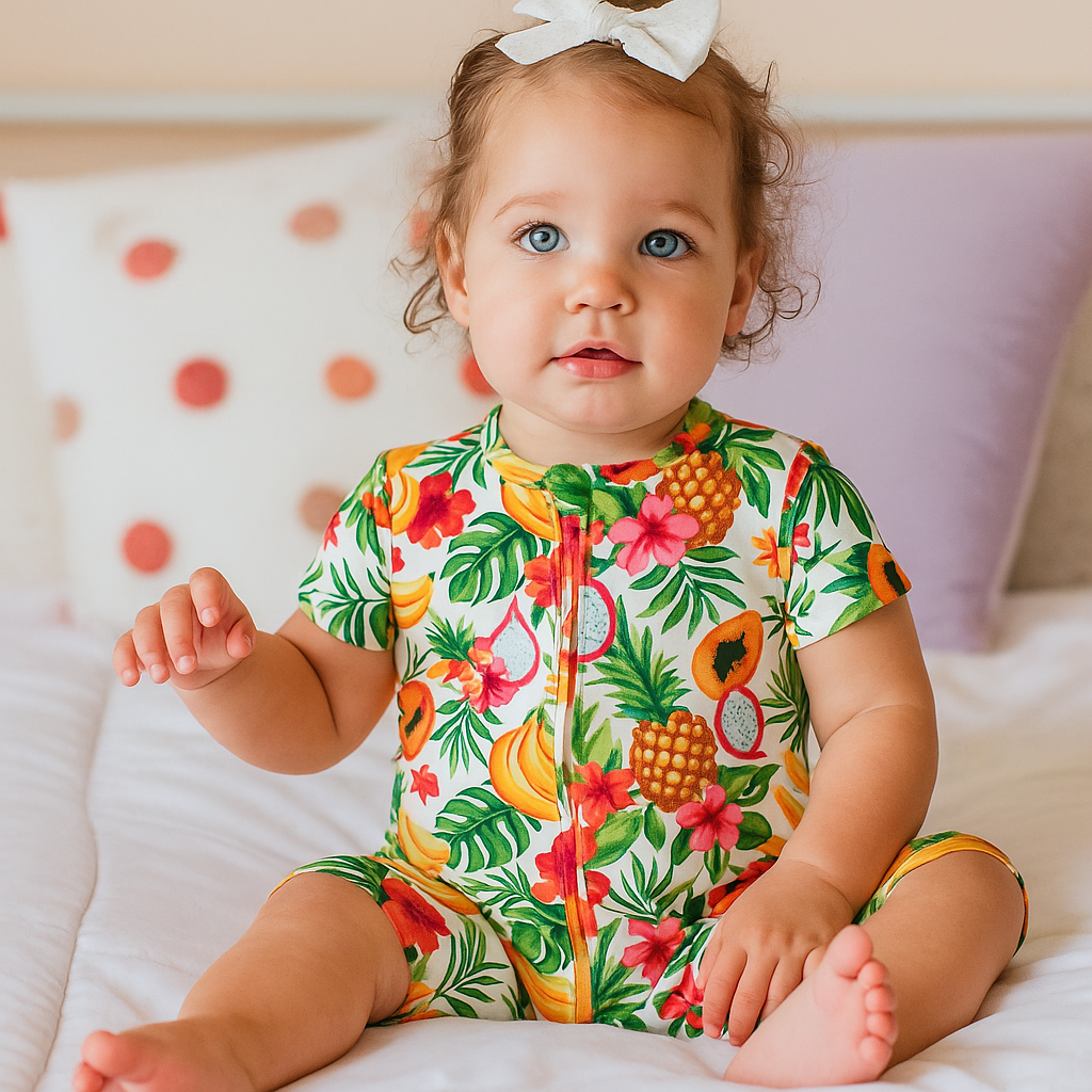Baby wearing a colorful fruit-patterned onesie sitting on a bed.