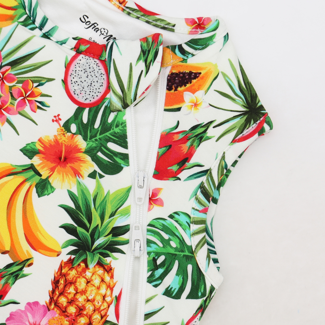 White jacket with tropical fruit and floral pattern on a white background