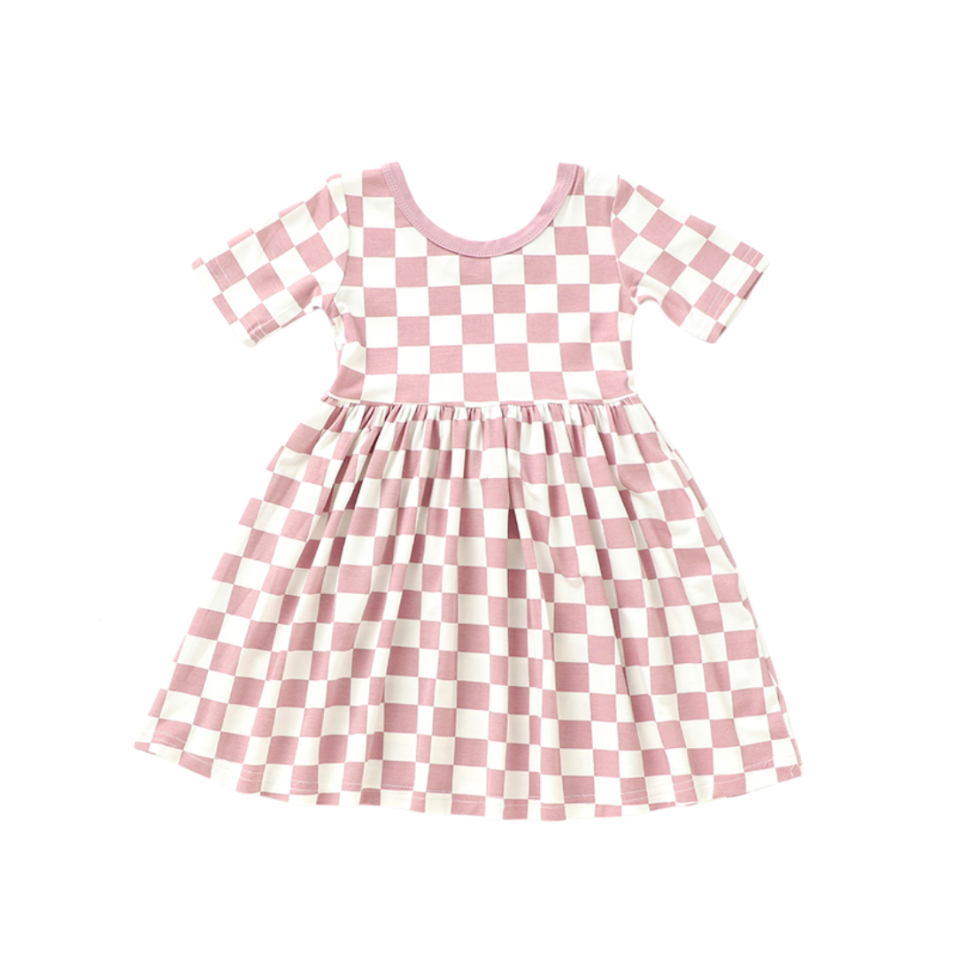 Bamboo Twirl Dress Pink Grid