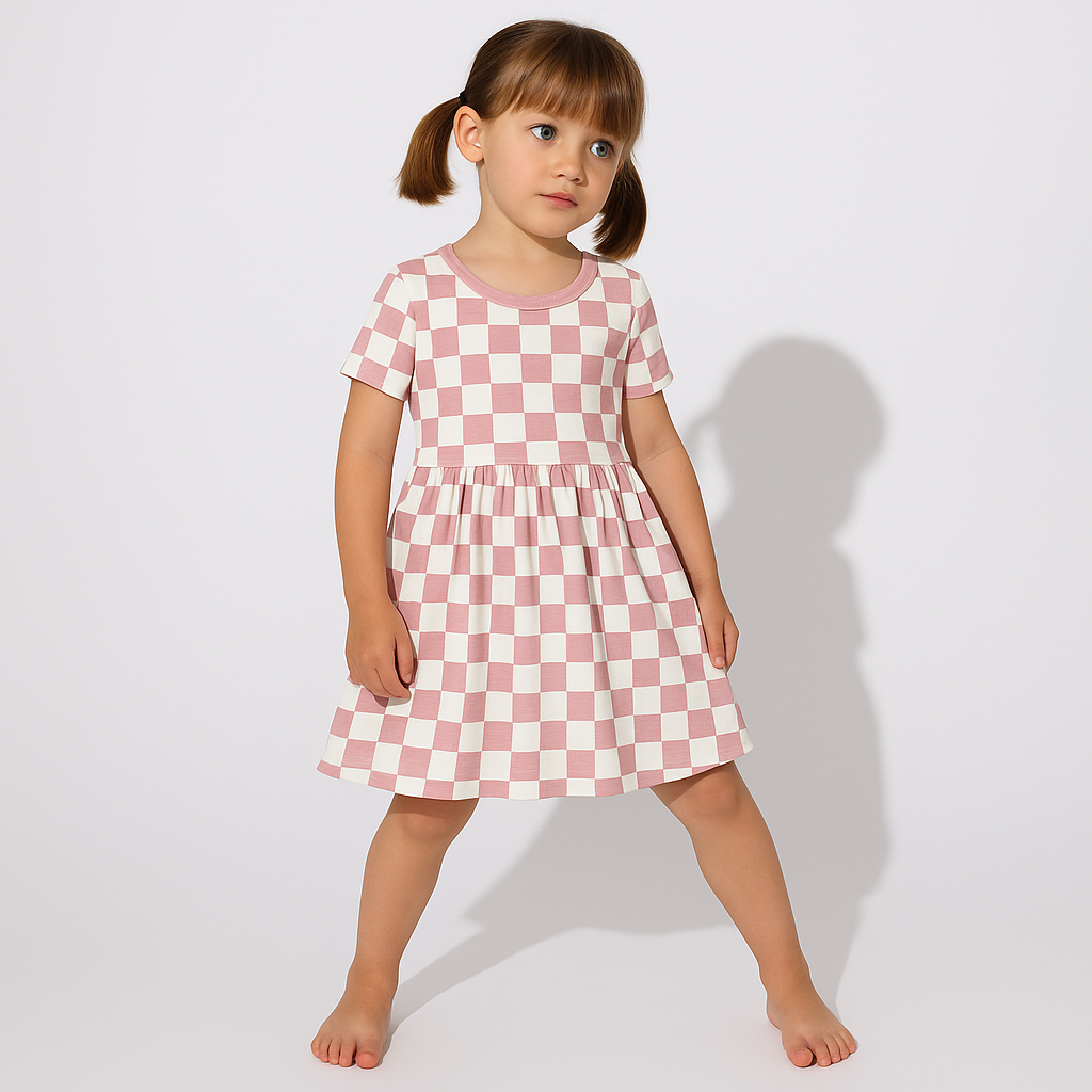 Young girl wearing a pink and white checkered dress against a plain background