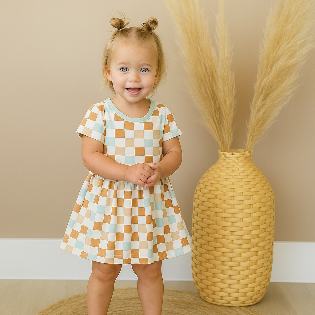Child in a checkered dress standing next to a woven vase with dried pampas grass.