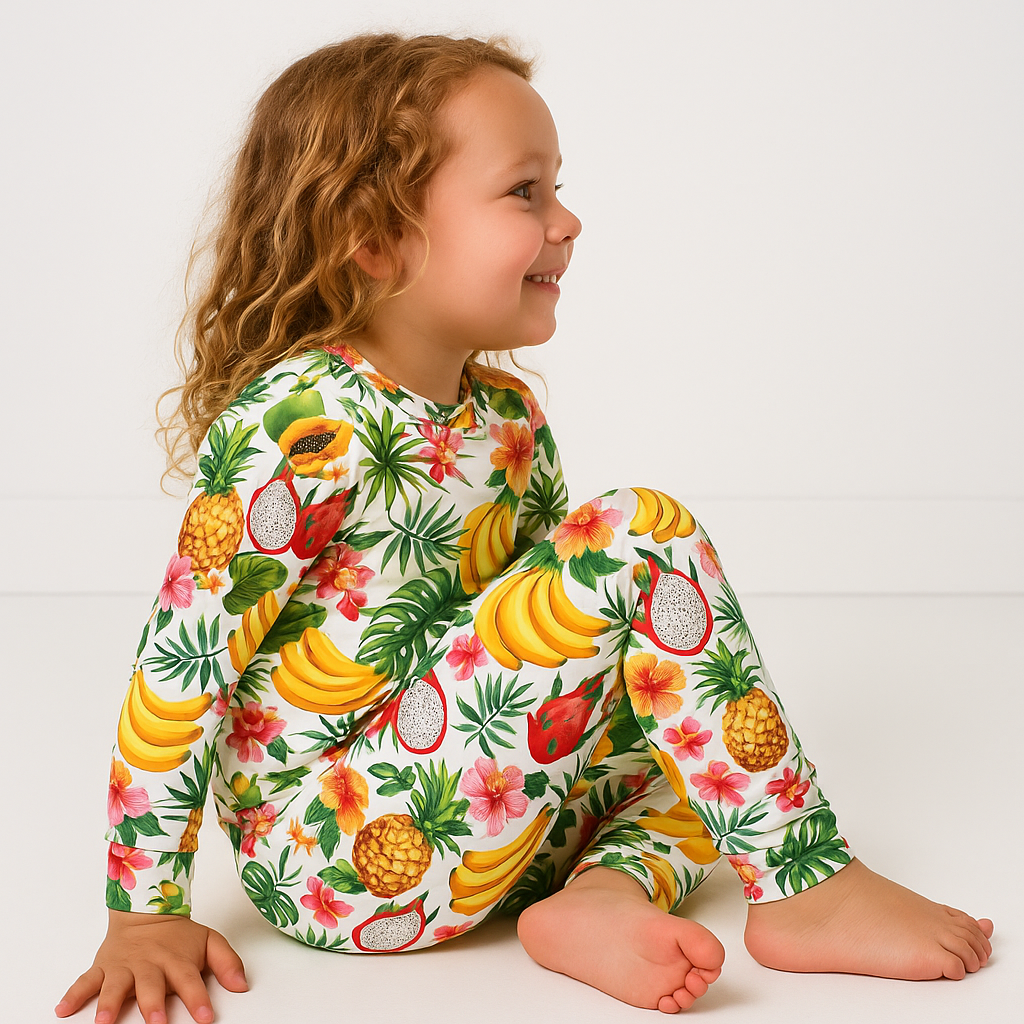 Child wearing a colorful fruit-themed outfit on a white background