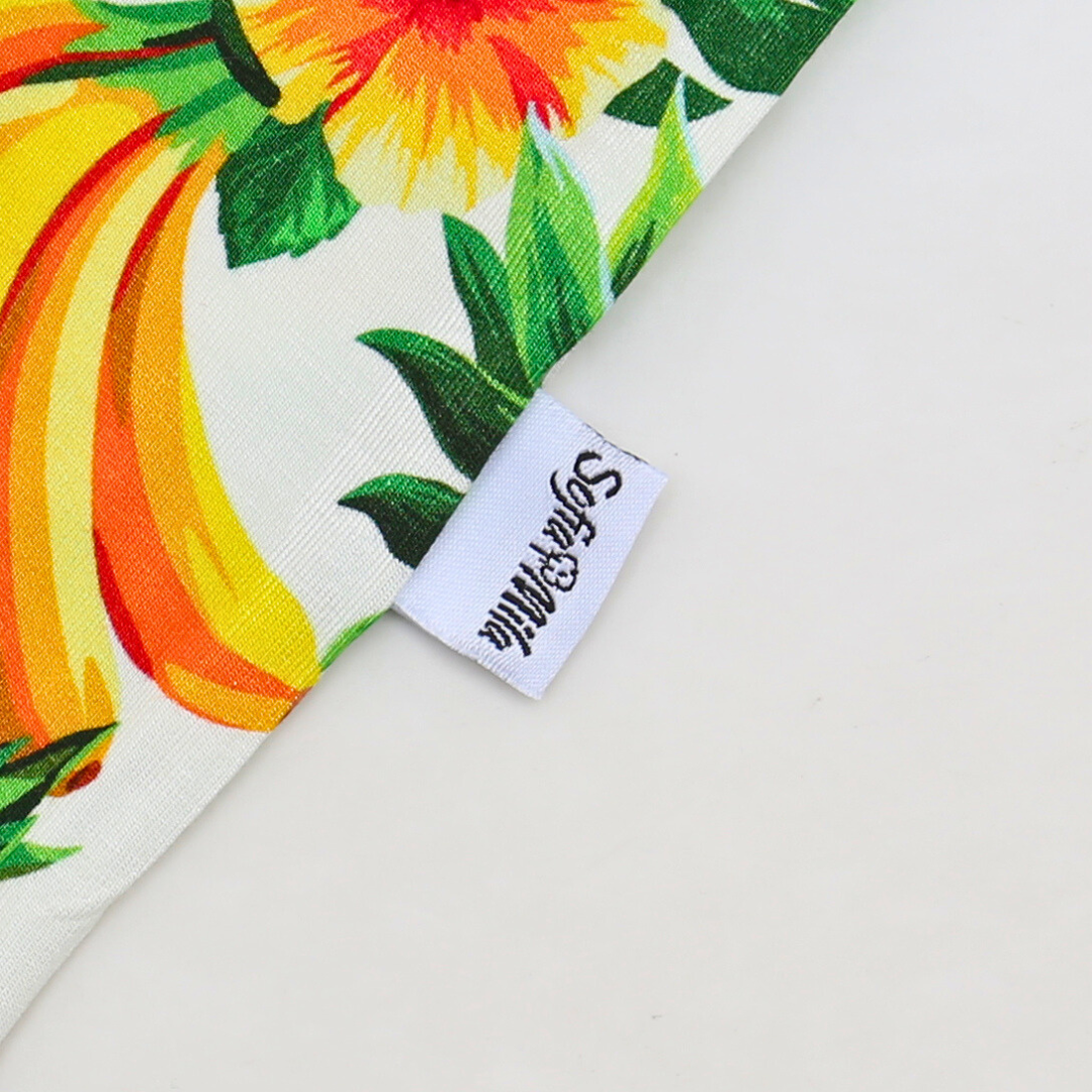 Floral fabric with a brand tag on a white background