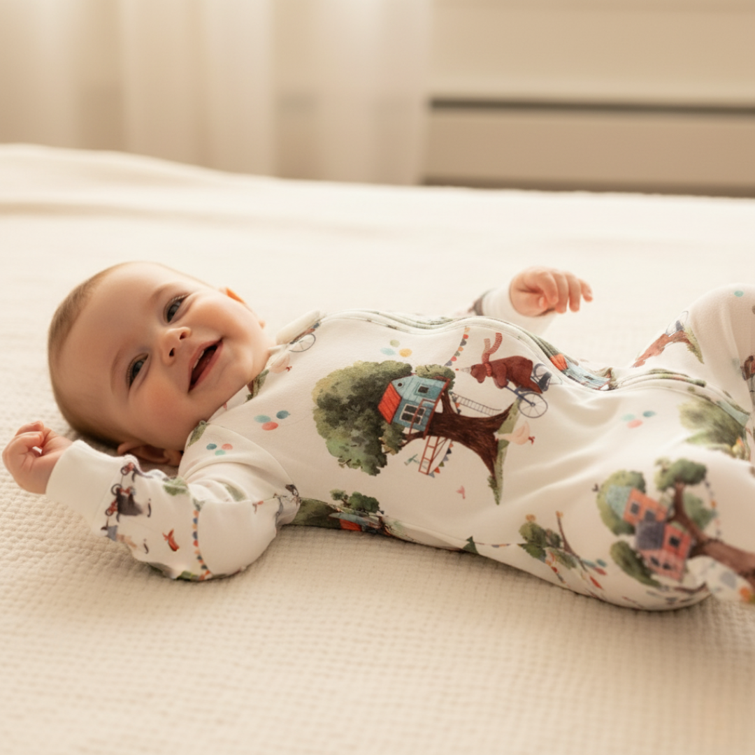 Baby wearing a patterned onesie lying on a bed