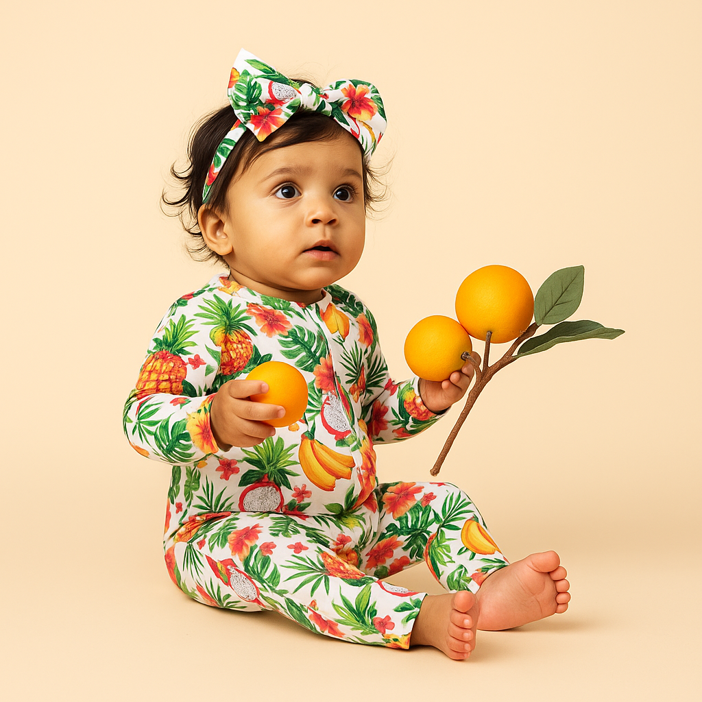 Baby in a tropical fruit onesie holding toy fruits against a beige background