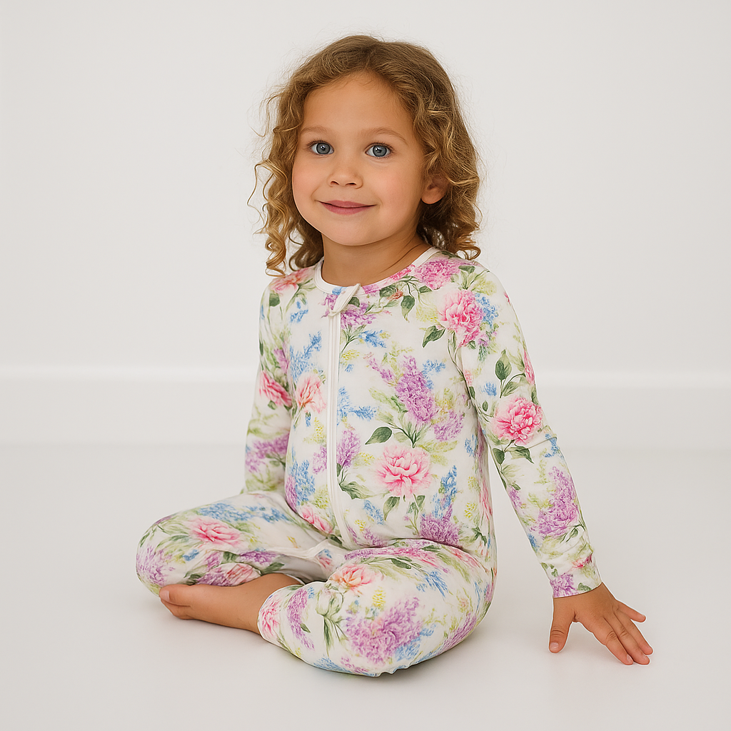Child wearing a floral pajama set on a white background