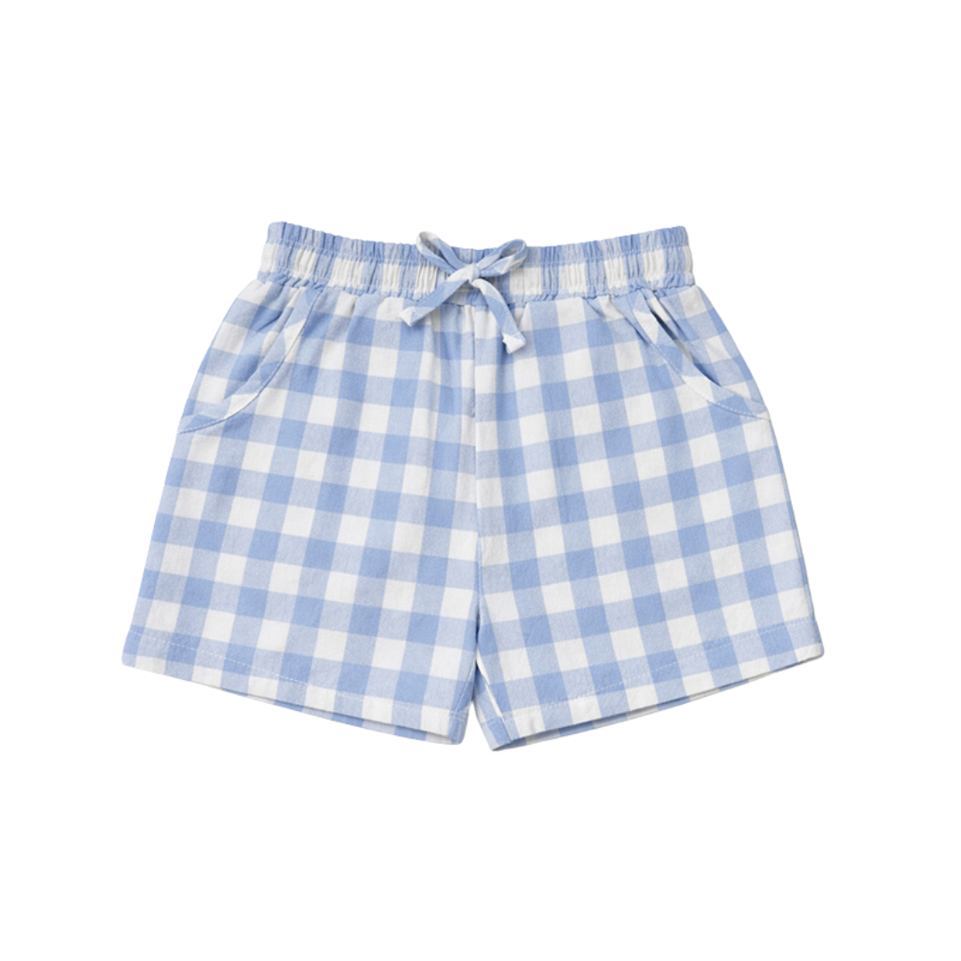 Blue and white checkered shorts on a white background