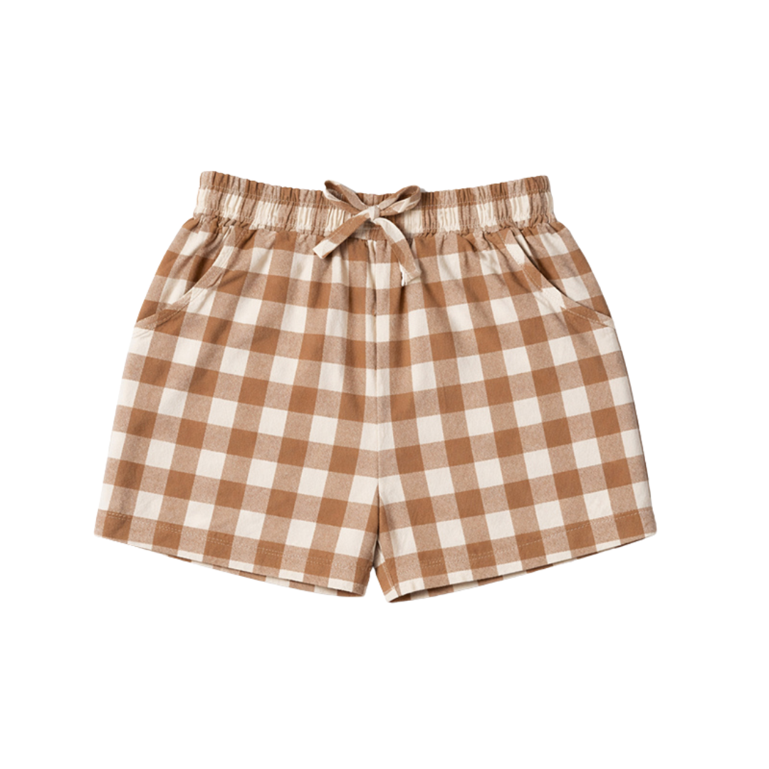 Brown and white checkered shorts on a white background