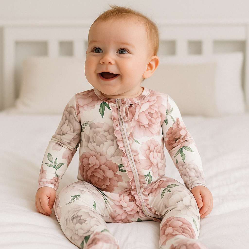 Bamboo Ruffle Zipper Romper with Feet Grip - Peony Print