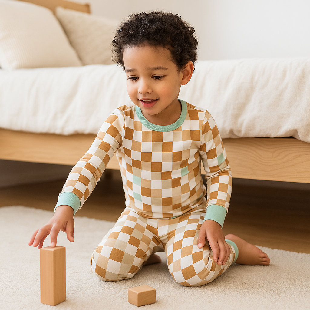 Child playing with blocks on a carpeted floor