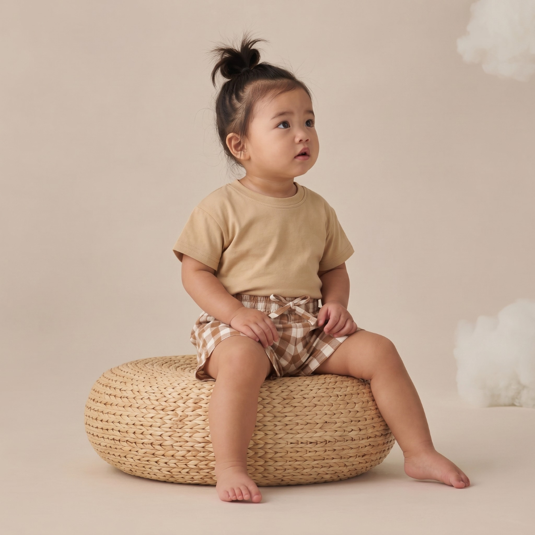 Child sitting on a woven stool against a plain background