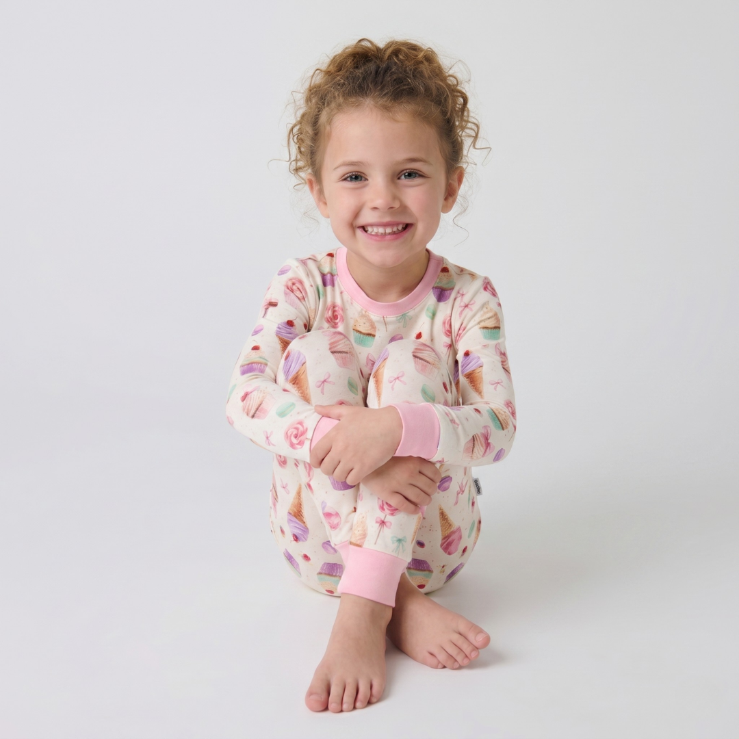 Child wearing a floral pajama set with pink cuffs on a white background