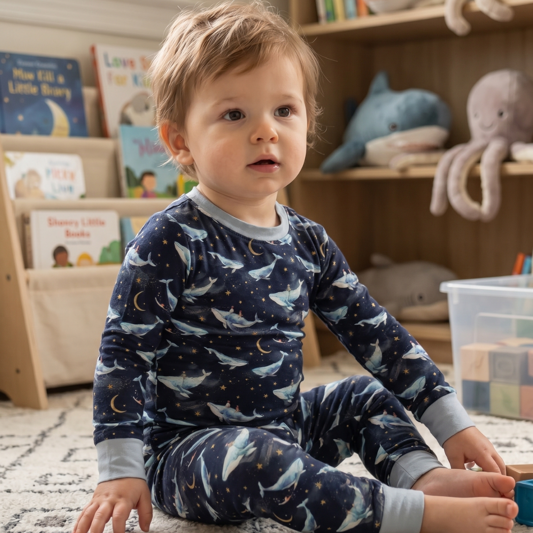 Child wearing a navy blue pajama set with shark pattern in a room with books and toys.