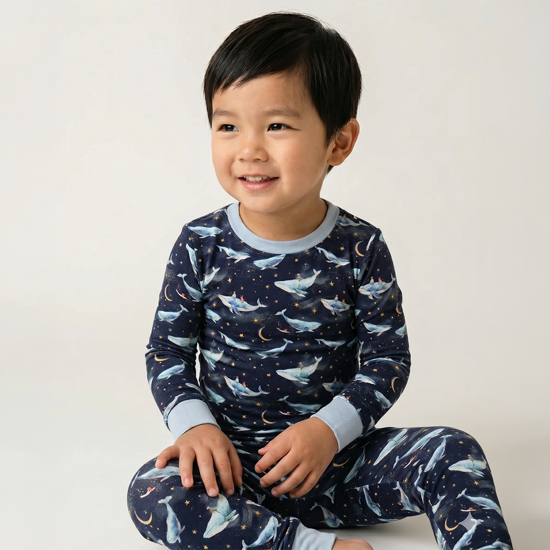 Child wearing navy blue pajamas with shark pattern on a light gray background