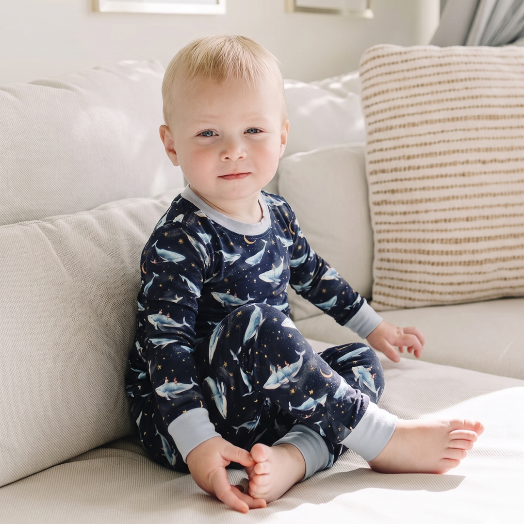 Child wearing whale-patterned pajamas sitting on a couch.