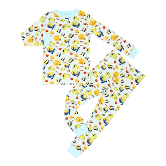 Children's pajama set with cartoon character pattern on a white background