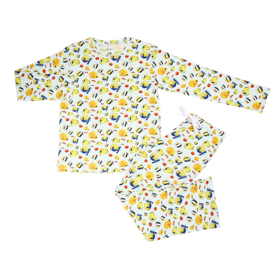 Children's pajama set with cartoon character pattern on a white background