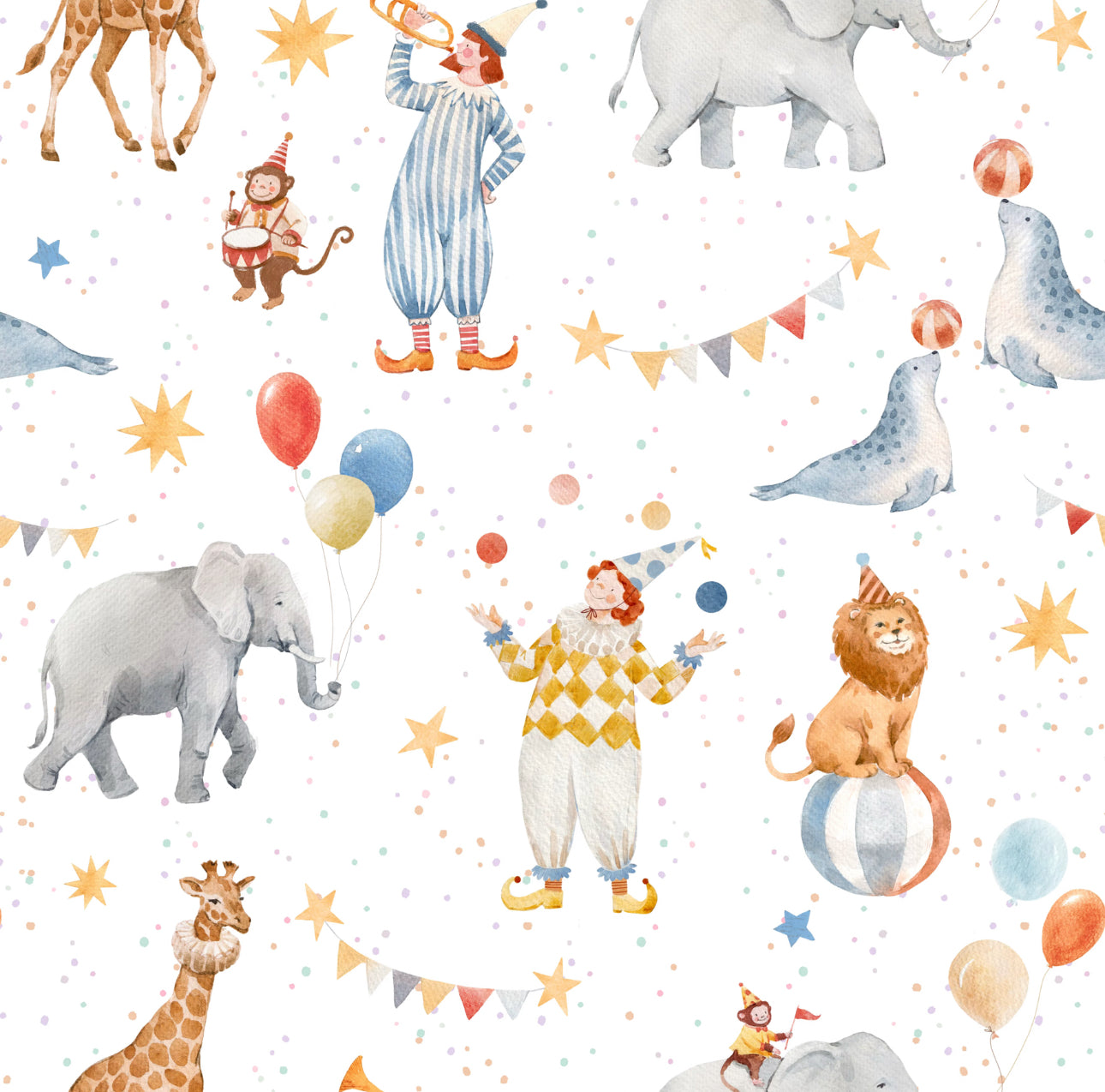 Circus-themed pattern with clowns, animals, and balloons on a white background