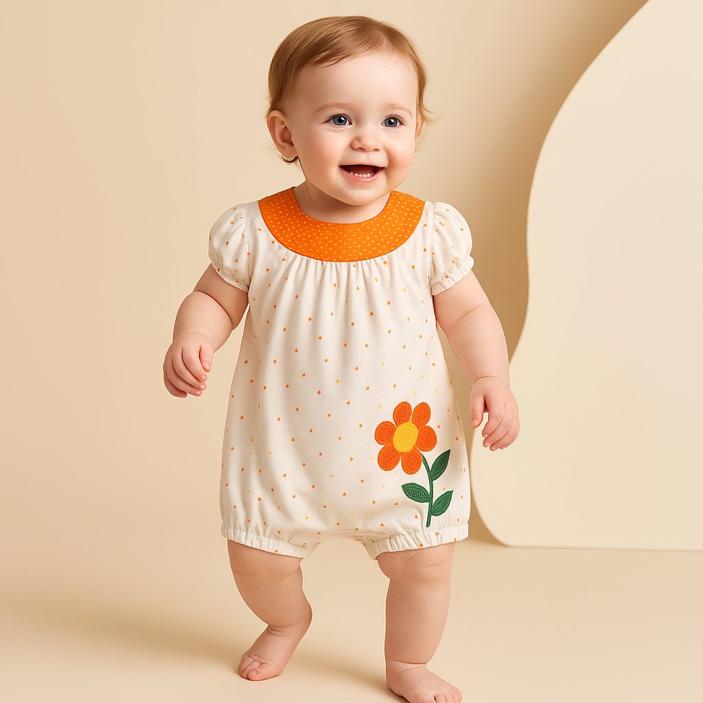 Orange Short Romper with Flower Embroidery