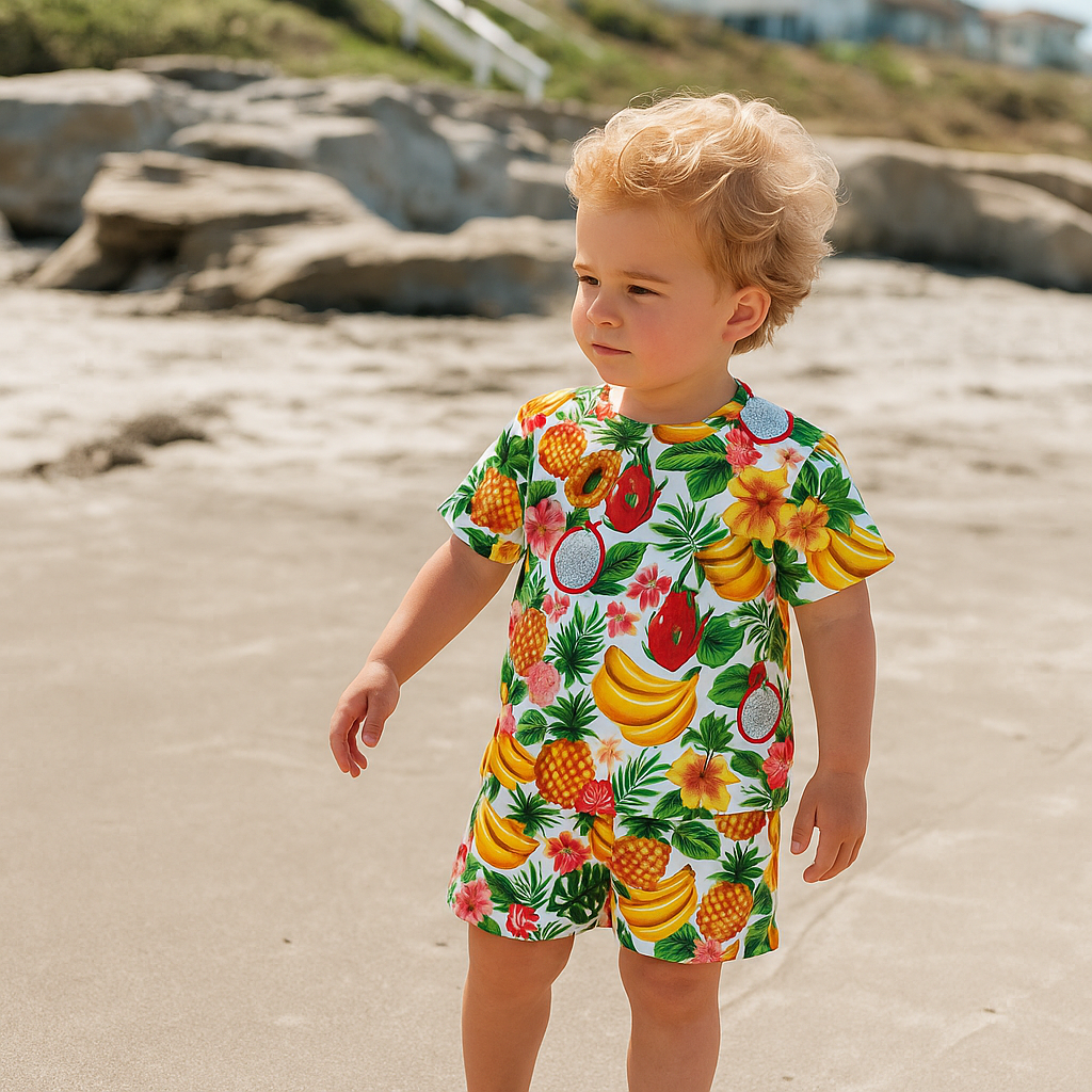 Child wearing a colorful fruit-themed swimsuit on a sandy beach.