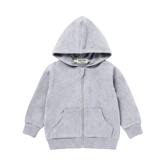 Gray hoodie with a brand label on a light gray background