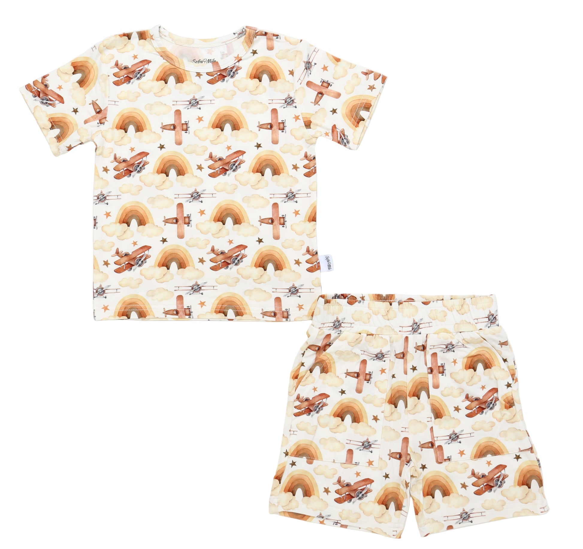 T-shirt and shorts set with rainbow and cloud pattern on a white background