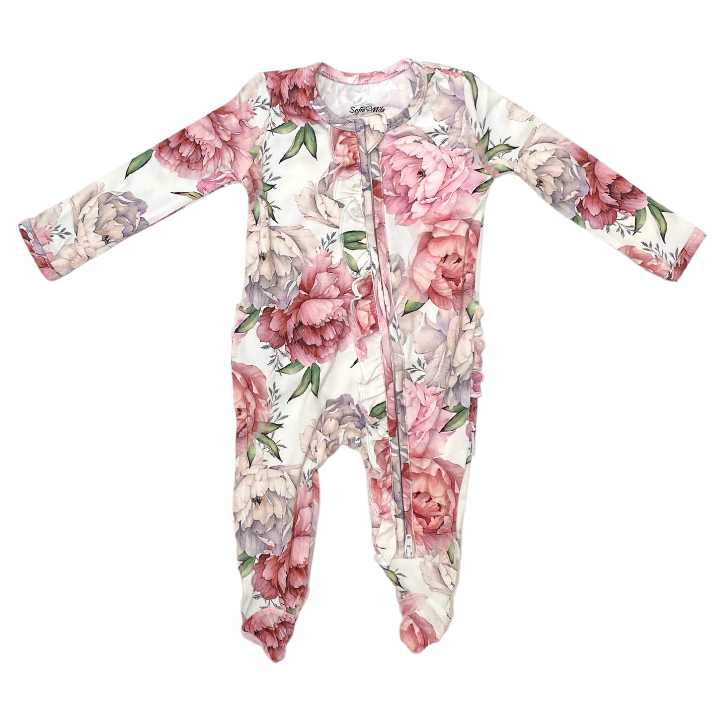 Organic Bamboo Viscose Ruffle Zipper Romper with Feet Grip - Peony Print - SofiaMila
