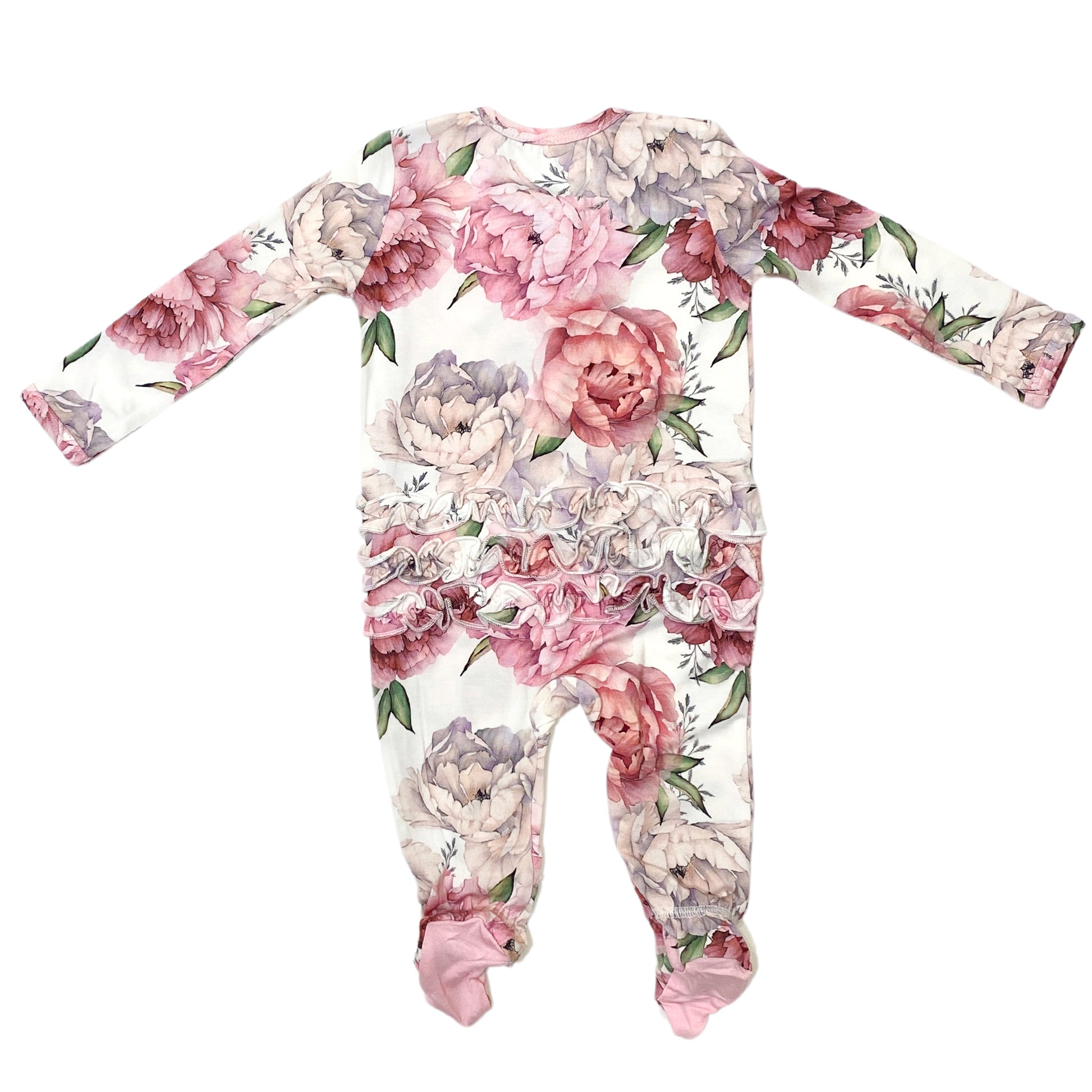 Organic Bamboo Viscose Ruffle Zipper Romper with Feet Grip - Peony Print - SofiaMila