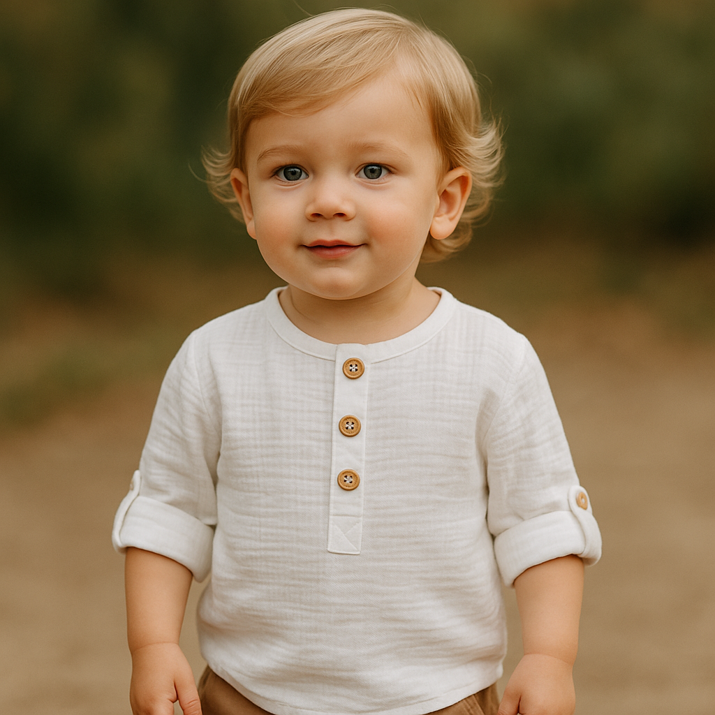 Organic Cotton Muslin Button-Up Shirt  Roll-Up 3/4 Sleeves