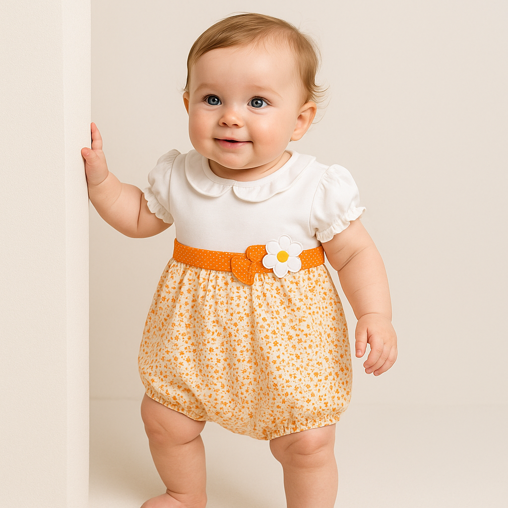 Orange Short Romper with Flower Embroidery