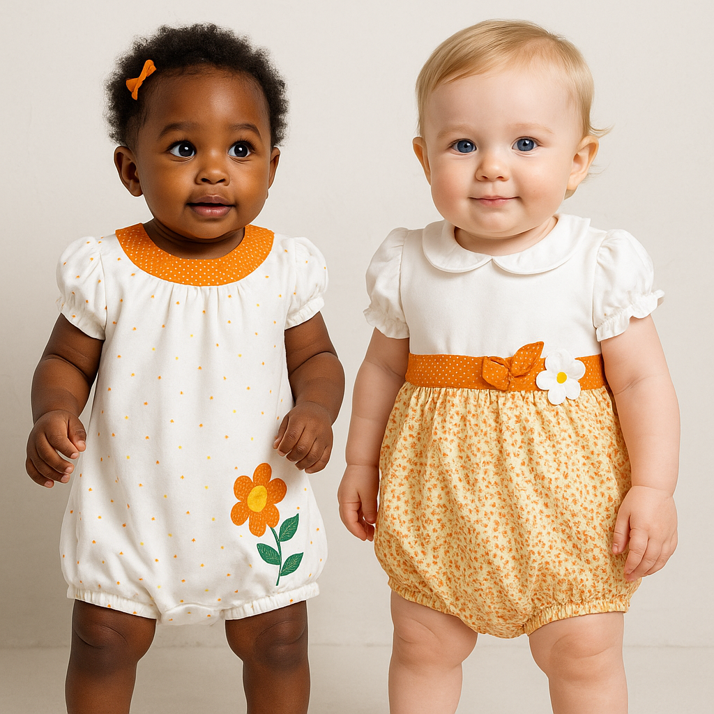 Orange Short Romper with Flower Embroidery