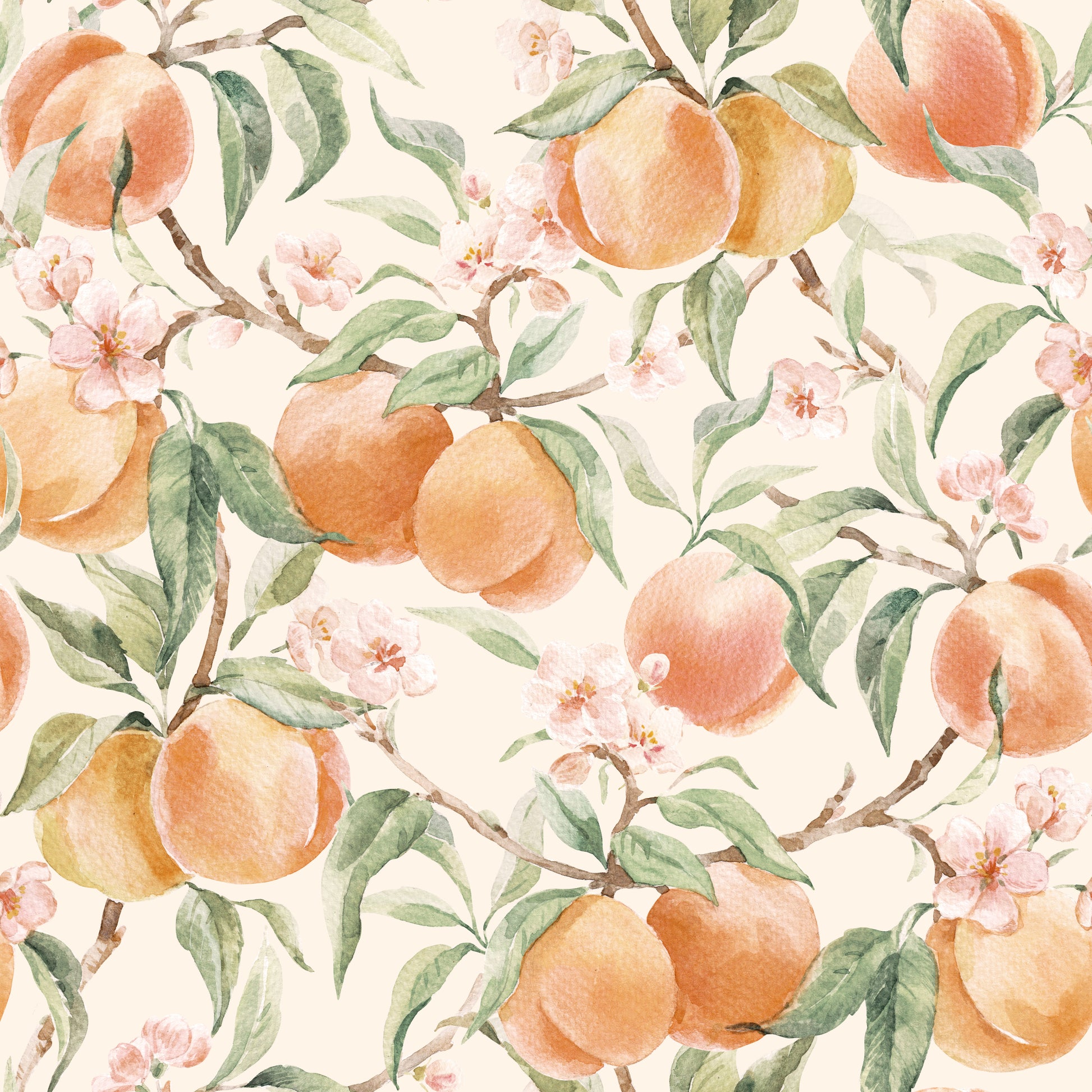 Pattern of peaches and peach blossoms on a light background