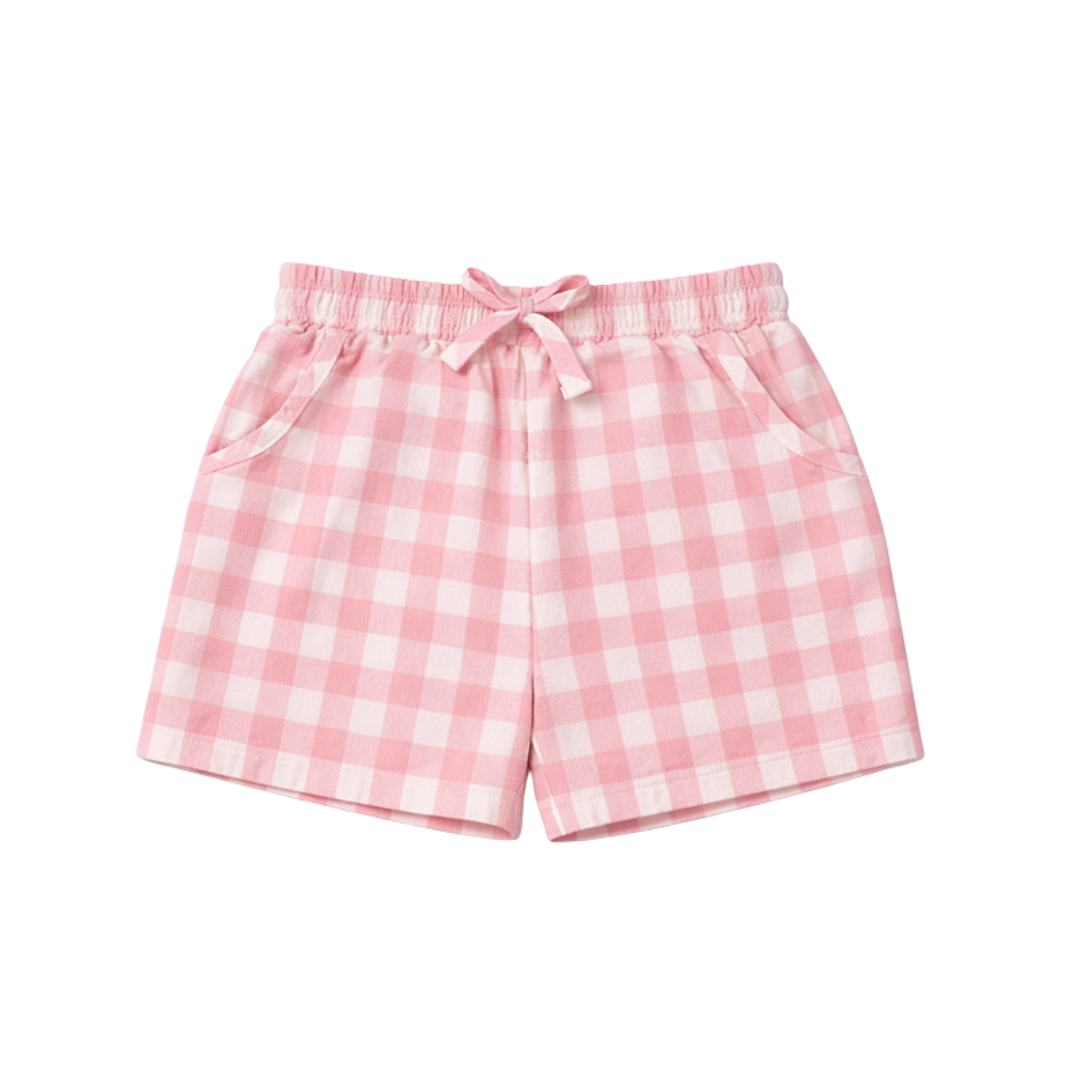 Pink and white checkered shorts on a white background