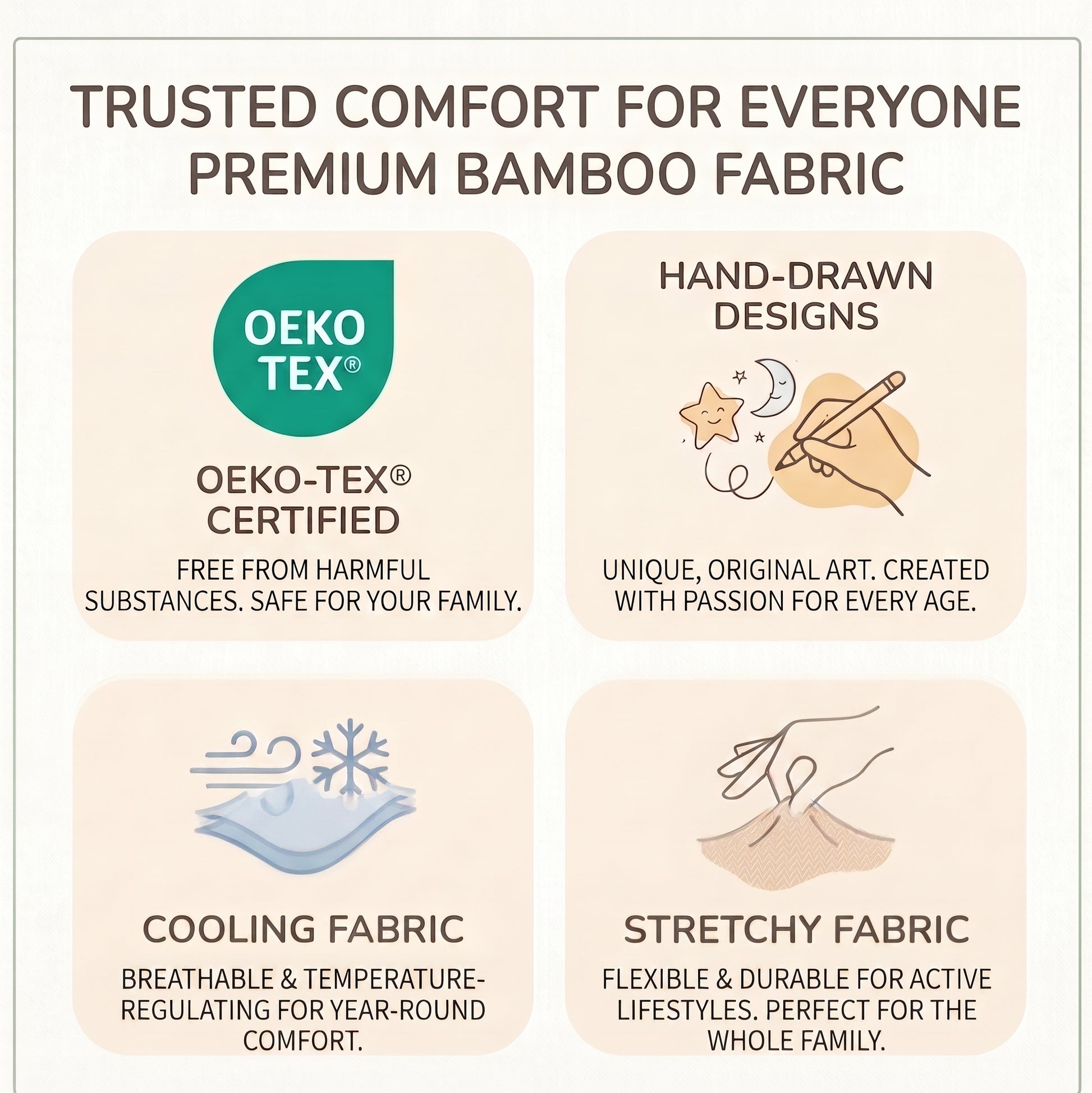 Promotional infographic for premium bamboo fabric with four rounded beige panels on a white background. Text reads 'TRUSTED COMFORT FOR EVERYONE PREMIUM BAMBOO FABRIC' and includes claims for OEKO-TEX certification, hand-drawn designs, cooling fabric, and stretchy fabric, with simple illustrated icons.