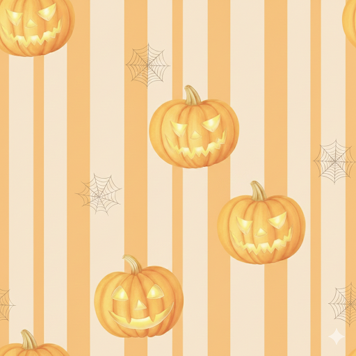 Halloween-themed repeating pattern featuring carved orange pumpkins, spiderwebs, and vertical peach and cream stripes.