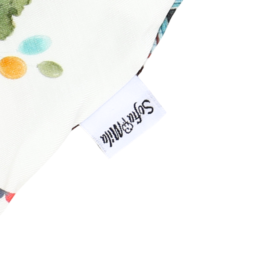 Close-up of a product with a colorful design and a visible brand label on a white background.