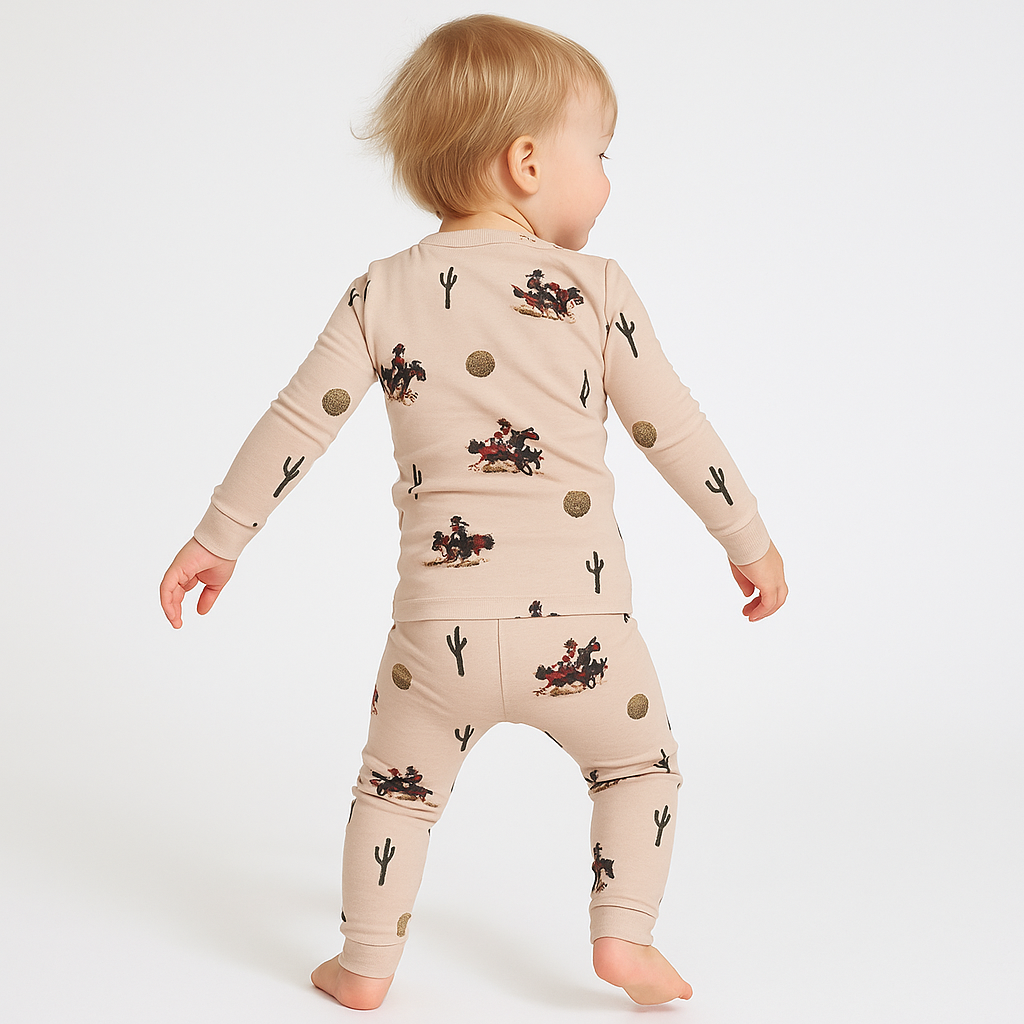 Toddler wearing beige bamboo pajamas with western rodeo print, shown from the back while standing in a bright minimal studio.