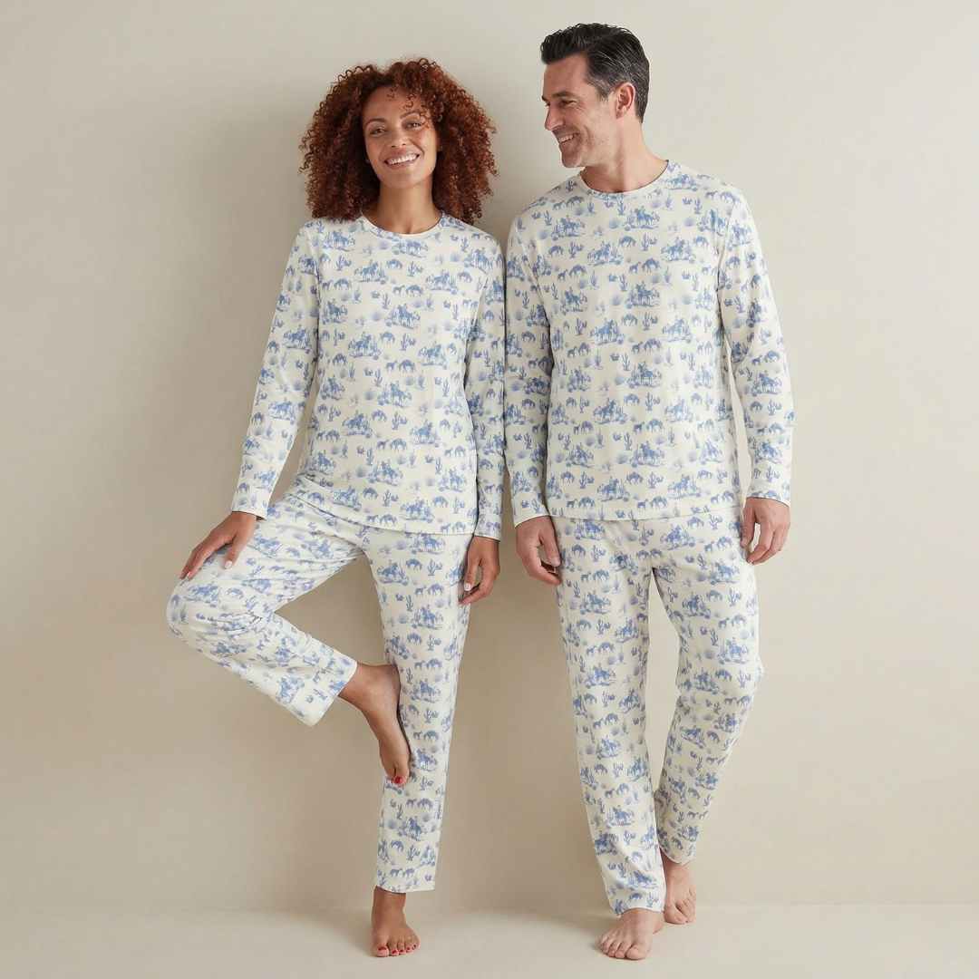 Two people wearing matching blue and white pajama sets on a beige background