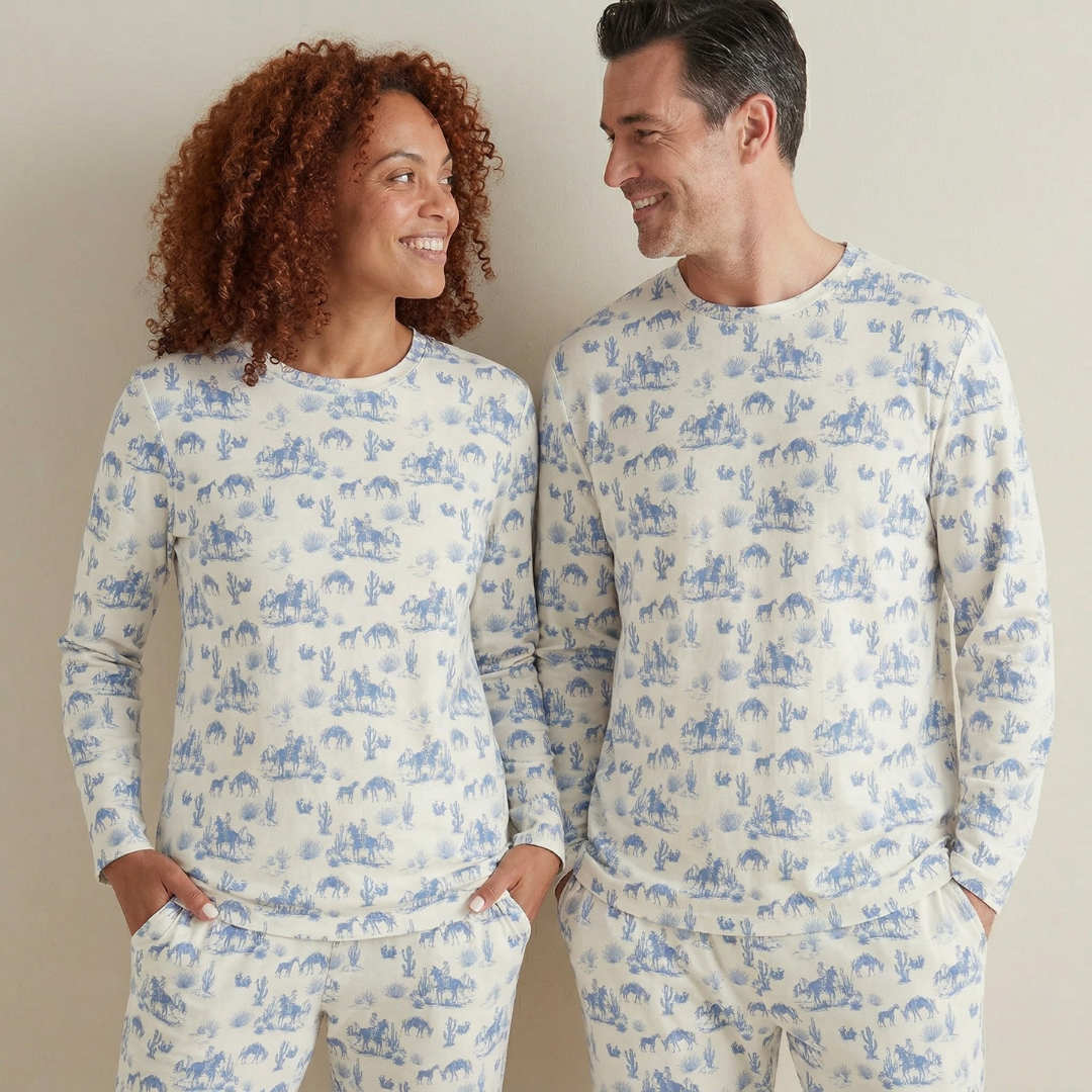 Two people wearing matching pajamas with a blue pattern on a plain background