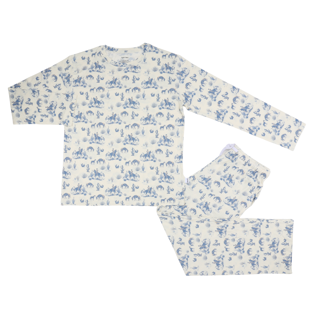 Western pajama set with long-sleeve top and pants on a white background