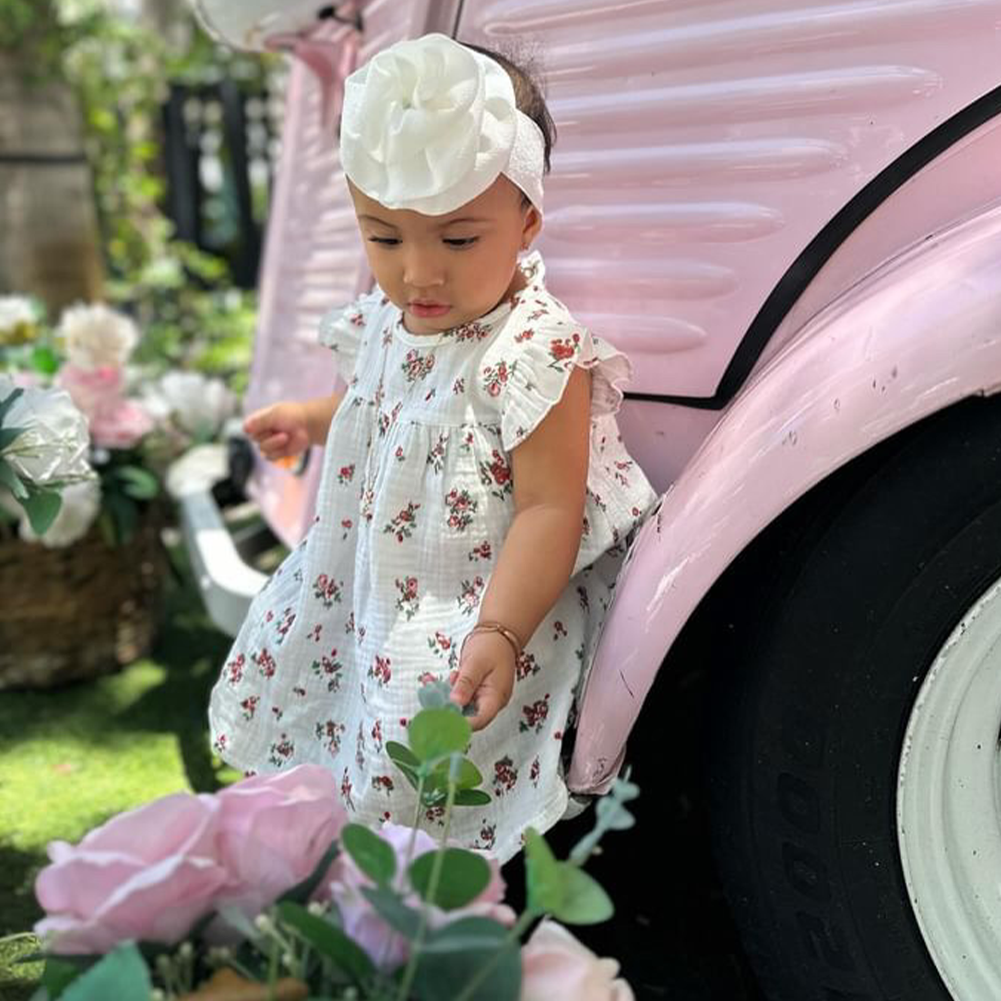 Muslin White Summer Dress With Spring Flowers For Babies and Kids - SofiaMila