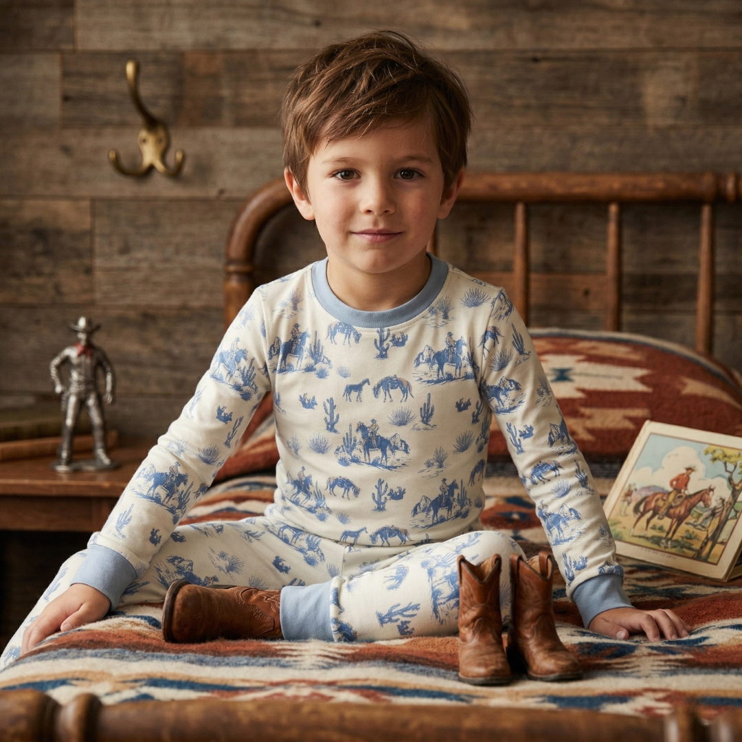 Young boy in cowboy-themed pajamas sitting on a bed with a wooden headboard.