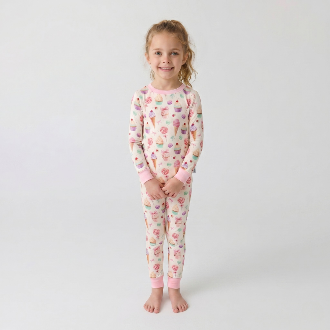 Young girl wearing a pink pajama set with ice cream pattern on a white background