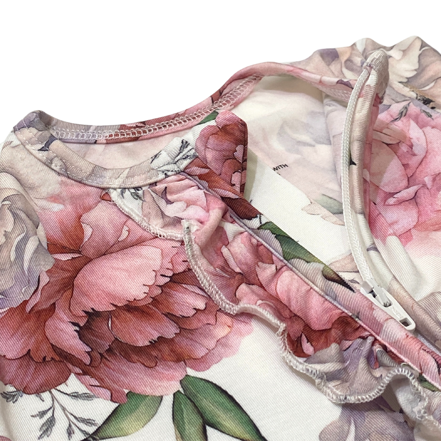 Organic Bamboo Viscose Ruffle Zipper Romper with Feet Grip - Peony Print - SofiaMila